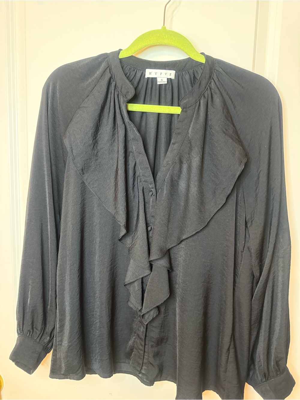 HYFVE Black Ruffle Front Button Blouse